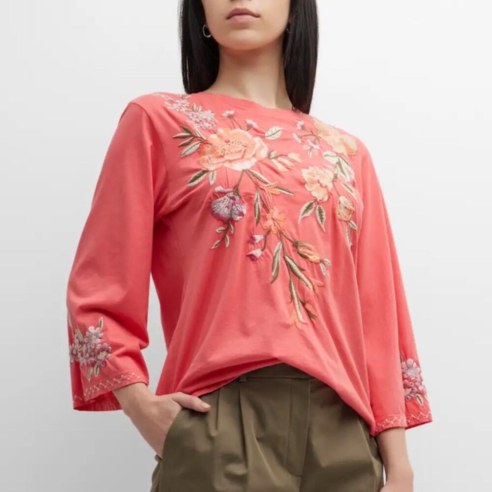Johnny Was Vienna Kimono Sleeve Top Boho Chic Pink Guava Size XS